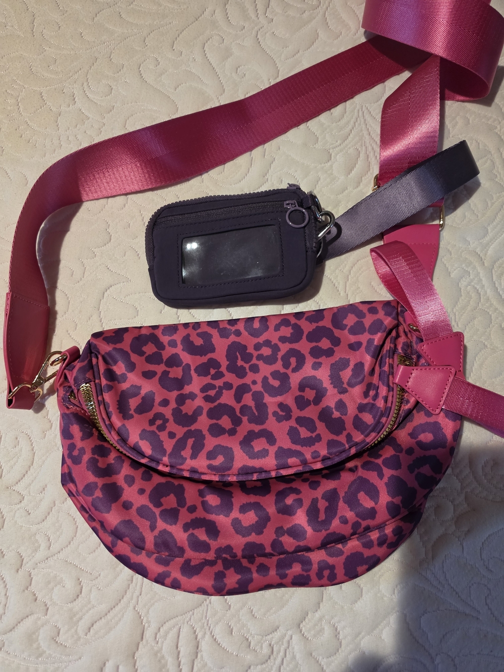 Pink Leopard Print Crossbody Waist Bag with Card Pouch